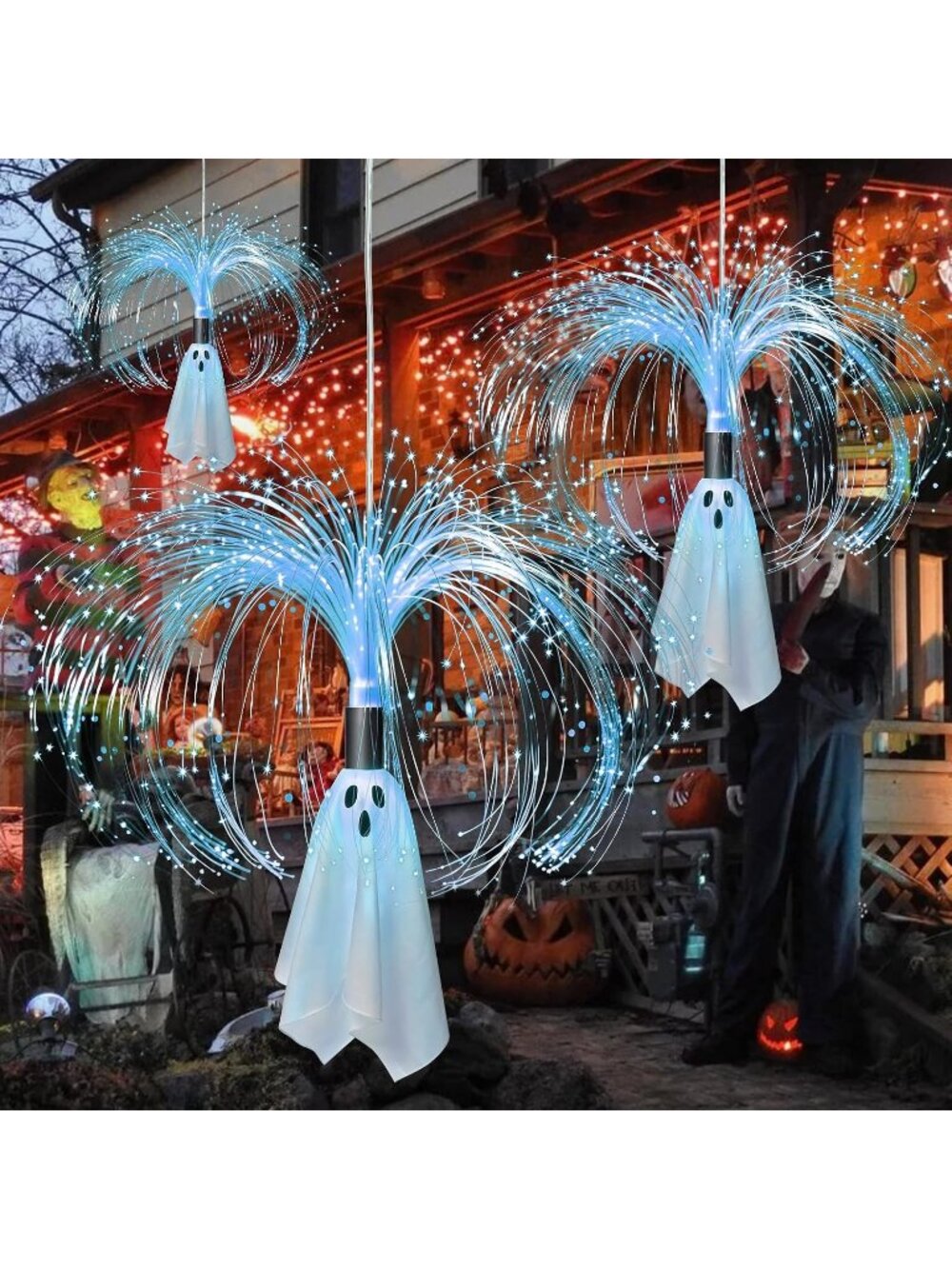 2Pack 2FT Hanging Fiber Optic Solar Ghost Lights Cool White Garden Party Decor
